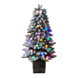 4' Winter Flocked Pre-Lit Tree with 40 LED Globe Lights, 259 Branches in Decorative Planter-Parc Decor