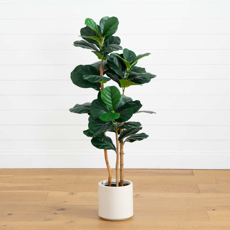 4’ Artificial Fiddle Leaf Tree in Decorative White Planter-Tree-Parc Decor