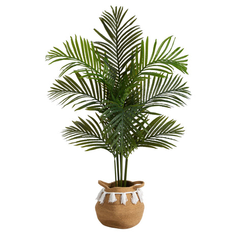 4’ Artificial Paradise Palm Tree with Handmade Jute & Cotton Basket with Tassels-Plant in Planter-Parc Decor