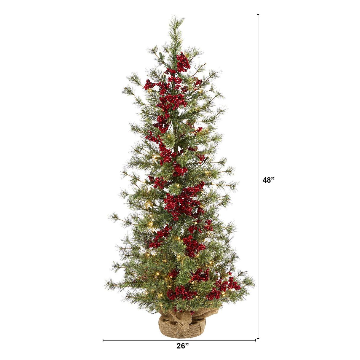 4’ Berry and Pine Artificial Christmas Tree with 100 Warm White Lights and Burlap Wrapped Base-Christmas Tree-Parc Decor