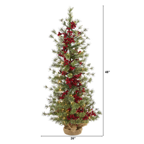 4’ Berry and Pine Artificial Christmas Tree with 100 Warm White Lights and Burlap Wrapped Base-Christmas Tree-Parc Decor