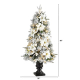4’ Flocked Artificial Christmas Tree with 223 Bendable Branches and 100 Warm Lights in Decorative Urn-Christmas Tree-Parc Decor