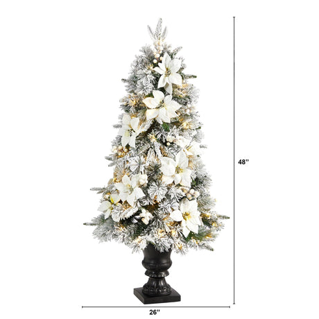 4’ Flocked Artificial Christmas Tree with 223 Bendable Branches and 100 Warm Lights in Decorative Urn-Christmas Tree-Parc Decor