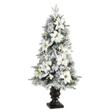 4’ Flocked Artificial Christmas Tree with 223 Bendable Branches and 100 Warm Lights in Decorative Urn-Christmas Tree-Parc Decor