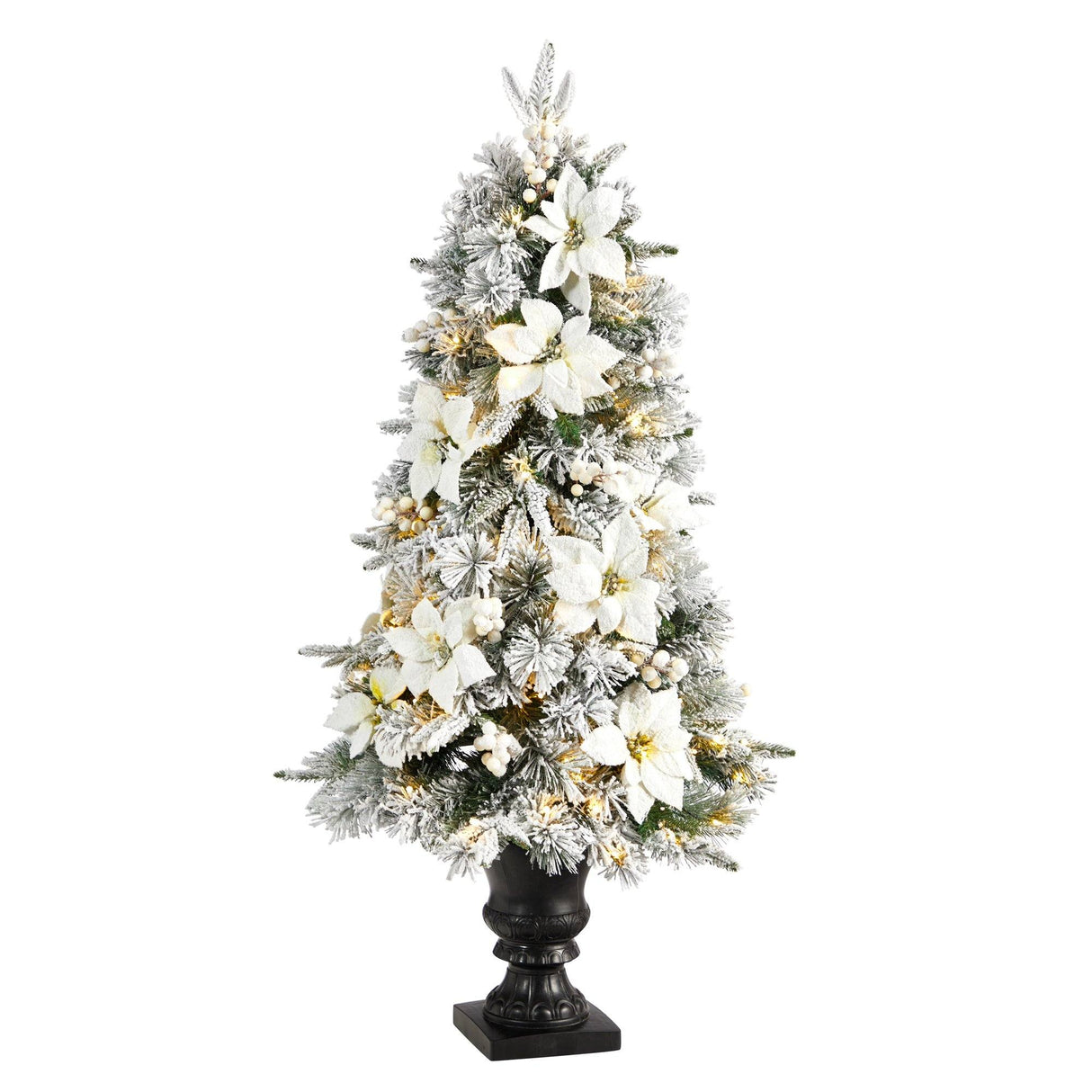 4’ Flocked Artificial Christmas Tree with 223 Bendable Branches and 100 Warm Lights in Decorative Urn-Christmas Tree-Parc Decor