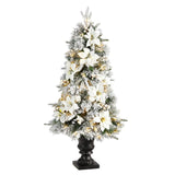 4’ Flocked Artificial Christmas Tree with 223 Bendable Branches and 100 Warm Lights in Decorative Urn-Christmas Tree-Parc Decor