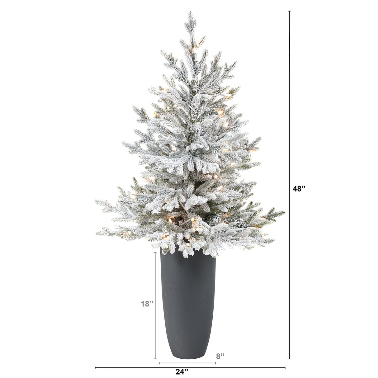 4’ Flocked Fraser Fir Artificial Christmas Tree with 200 Warm White Lights and 481 Bendable Branches in Gray Planter-Christmas Tree-Parc Decor