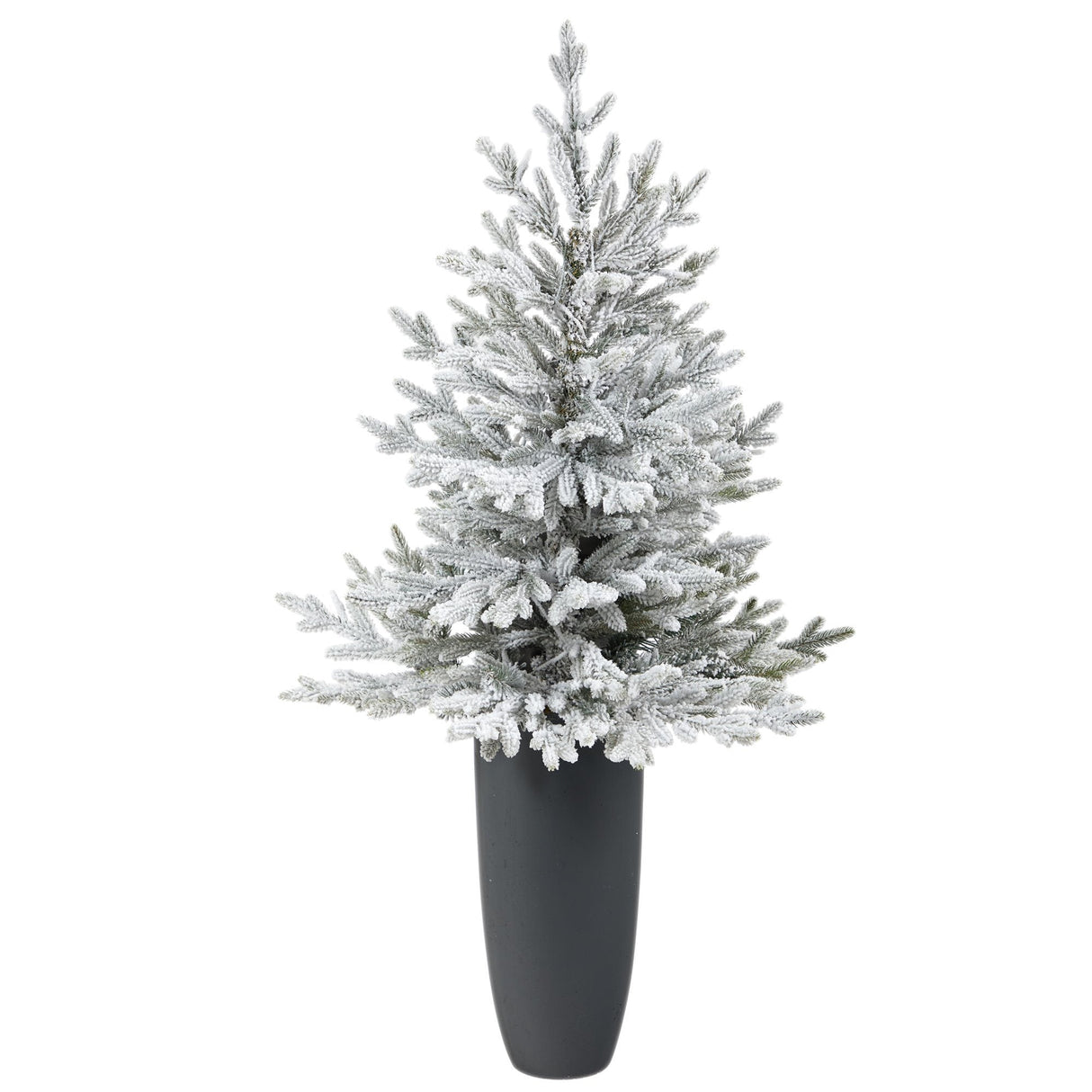 4’ Flocked Fraser Fir Artificial Christmas Tree with 200 Warm White Lights and 481 Bendable Branches in Gray Planter-Christmas Tree-Parc Decor