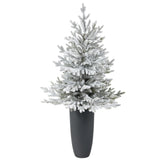 4’ Flocked Fraser Fir Artificial Christmas Tree with 200 Warm White Lights and 481 Bendable Branches in Gray Planter-Christmas Tree-Parc Decor