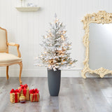 4’ Flocked Fraser Fir Artificial Christmas Tree with 200 Warm White Lights and 481 Bendable Branches in Gray Planter-Christmas Tree-Parc Decor