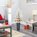 4’ Flocked Fraser Fir Artificial Christmas Tree with 200 Warm White Lights and 481 Bendable Branches in Gray Planter-Christmas Tree-Parc Decor