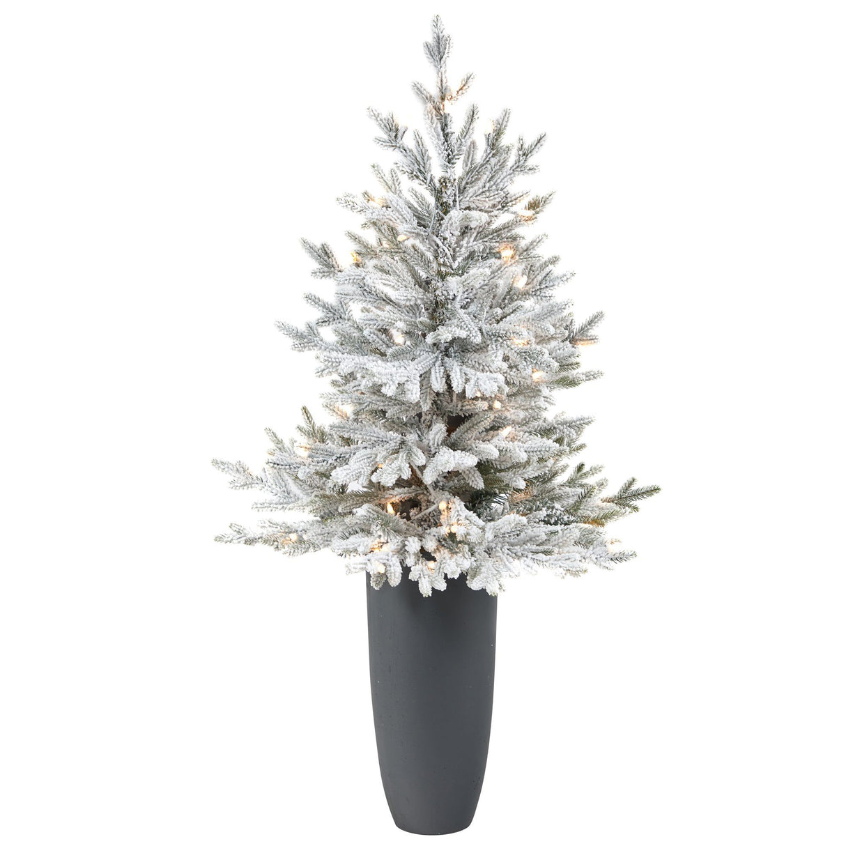 4’ Flocked Fraser Fir Artificial Christmas Tree with 200 Warm White Lights and 481 Bendable Branches in Gray Planter-Christmas Tree-Parc Decor