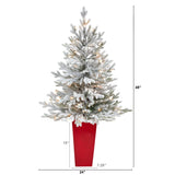 4’ Flocked Fraser Fir Artificial Christmas Tree with 200 Warm White Lights and 481 Bendable Branches in Red Planter-Christmas Tree-Parc Decor
