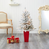 4’ Flocked Fraser Fir Artificial Christmas Tree with 200 Warm White Lights and 481 Bendable Branches in Red Planter-Christmas Tree-Parc Decor