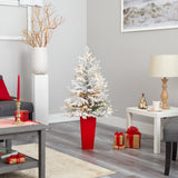 4’ Flocked Fraser Fir Artificial Christmas Tree with 200 Warm White Lights and 481 Bendable Branches in Red Planter-Christmas Tree-Parc Decor