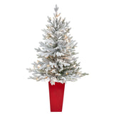 4’ Flocked Fraser Fir Artificial Christmas Tree with 200 Warm White Lights and 481 Bendable Branches in Red Planter-Christmas Tree-Parc Decor