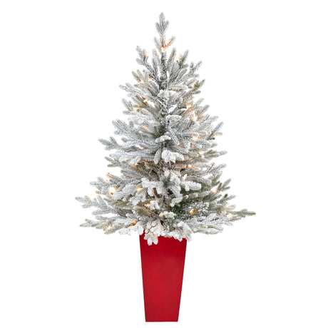 4’ Flocked Fraser Fir Artificial Christmas Tree with 200 Warm White Lights and 481 Bendable Branches in Red Planter-Christmas Tree-Parc Decor