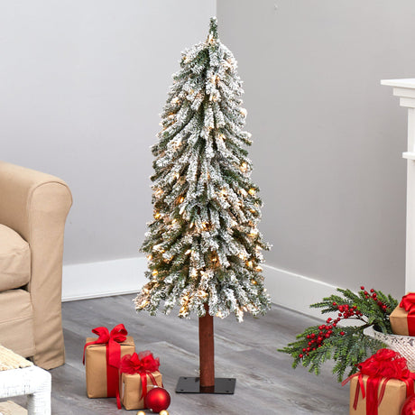 4’ Flocked Grand Alpine Artificial Christmas Tree with 100 Lights and 361 Branches on Natural Trunk-Christmas Tree-Parc Decor