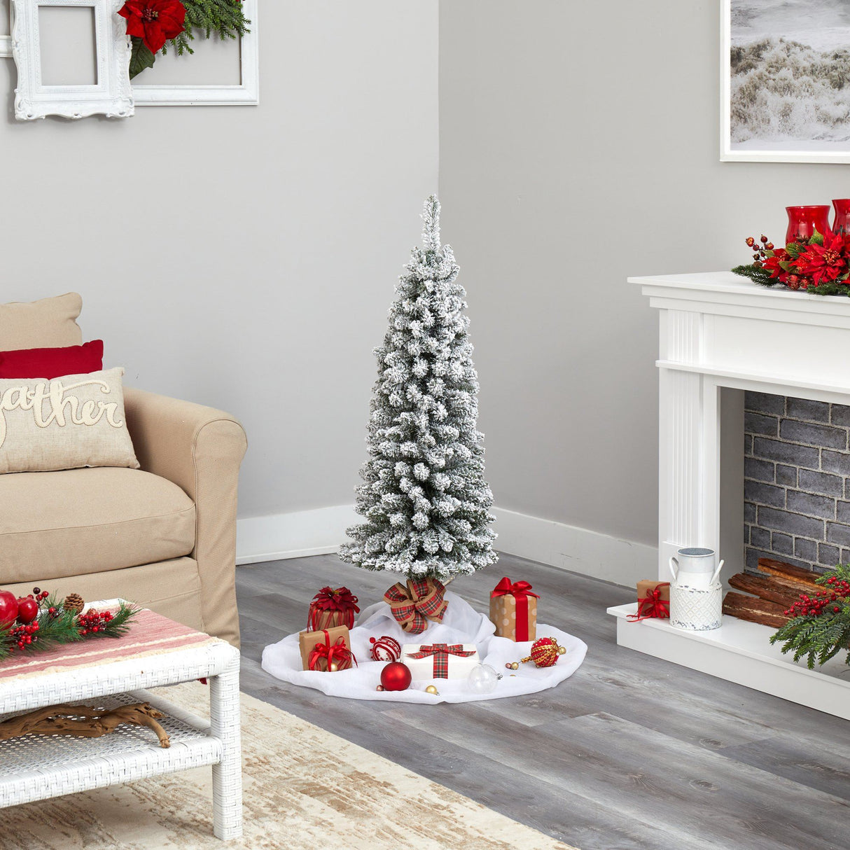 4’ Flocked Pencil Artificial Christmas Tree with 100 Clear Lights and 216 Bendable Branches-Christmas Tree-Parc Decor