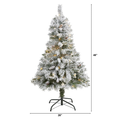 4' Flocked White River Mountain Pine Artificial Christmas Tree with Pinecones and 100 Clear LED Lights-Christmas Tree-Parc Decor