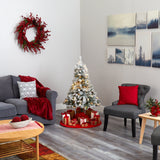 4' Flocked White River Mountain Pine Artificial Christmas Tree with Pinecones and 100 Clear LED Lights-Christmas Tree-Parc Decor