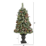 4’ Frosted Pine, Pinecone and Berries Artificial Christmas Tree with 100 Clear LED Lights in Decorative Urn-Christmas Tree-Parc Decor