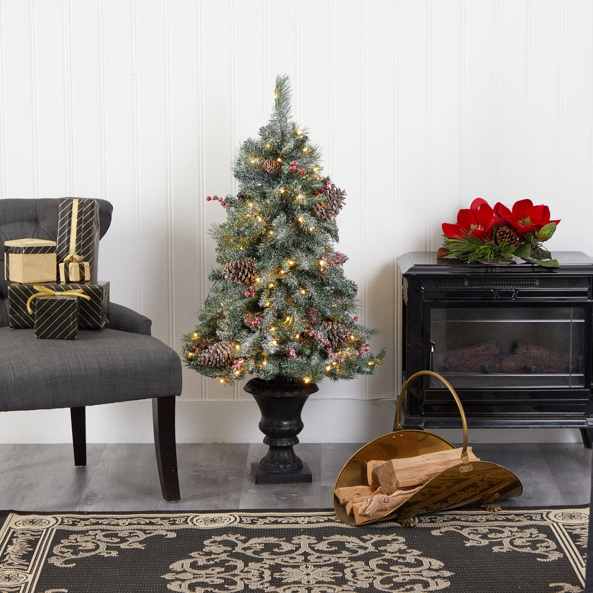 4’ Frosted Pine, Pinecone and Berries Artificial Christmas Tree with 100 Clear LED Lights in Decorative Urn-Christmas Tree-Parc Decor