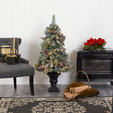 4’ Frosted Pine, Pinecone and Berries Artificial Christmas Tree with 100 Clear LED Lights in Decorative Urn-Christmas Tree-Parc Decor