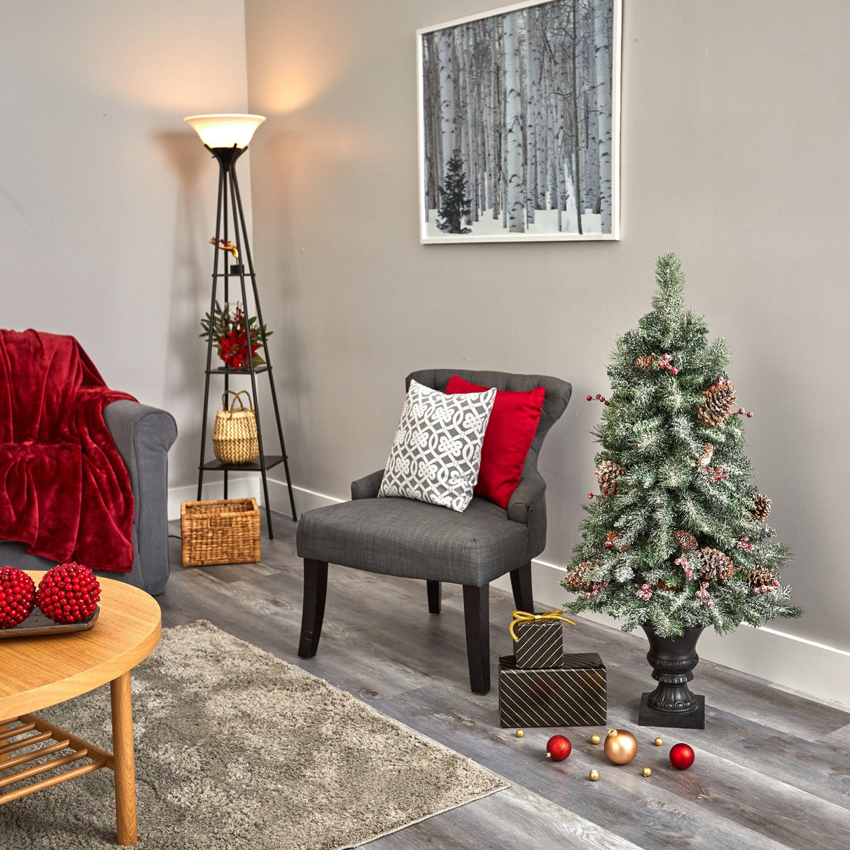 4’ Frosted Pine, Pinecone and Berries Artificial Christmas Tree with 100 Clear LED Lights in Decorative Urn-Christmas Tree-Parc Decor