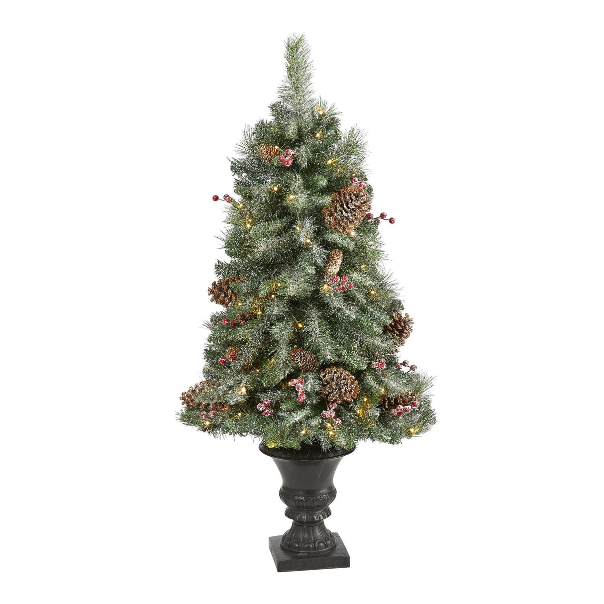 4’ Frosted Pine, Pinecone and Berries Artificial Christmas Tree with 100 Clear LED Lights in Decorative Urn-Christmas Tree-Parc Decor