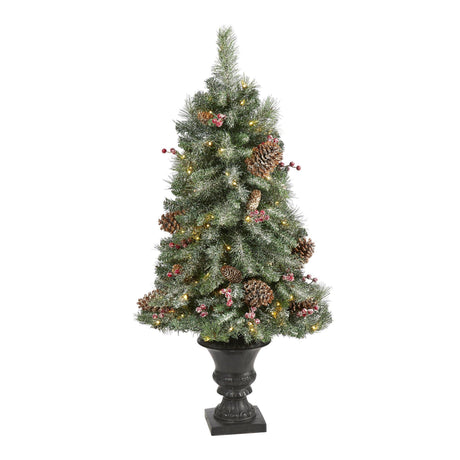 4’ Frosted Pine, Pinecone and Berries Artificial Christmas Tree with 100 Clear LED Lights in Decorative Urn-Christmas Tree-Parc Decor