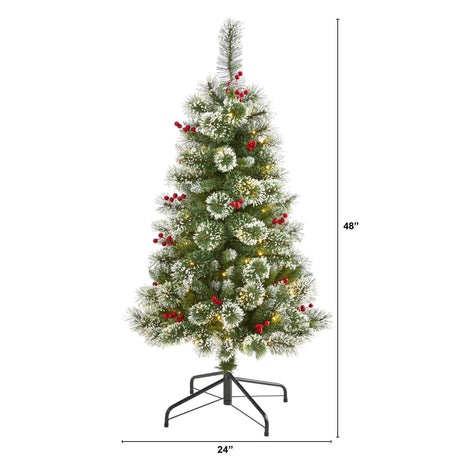 4’ Frosted Swiss Pine Artificial Christmas Tree with 100 Clear LED Lights and Berries-Christmas Tree-Parc Decor