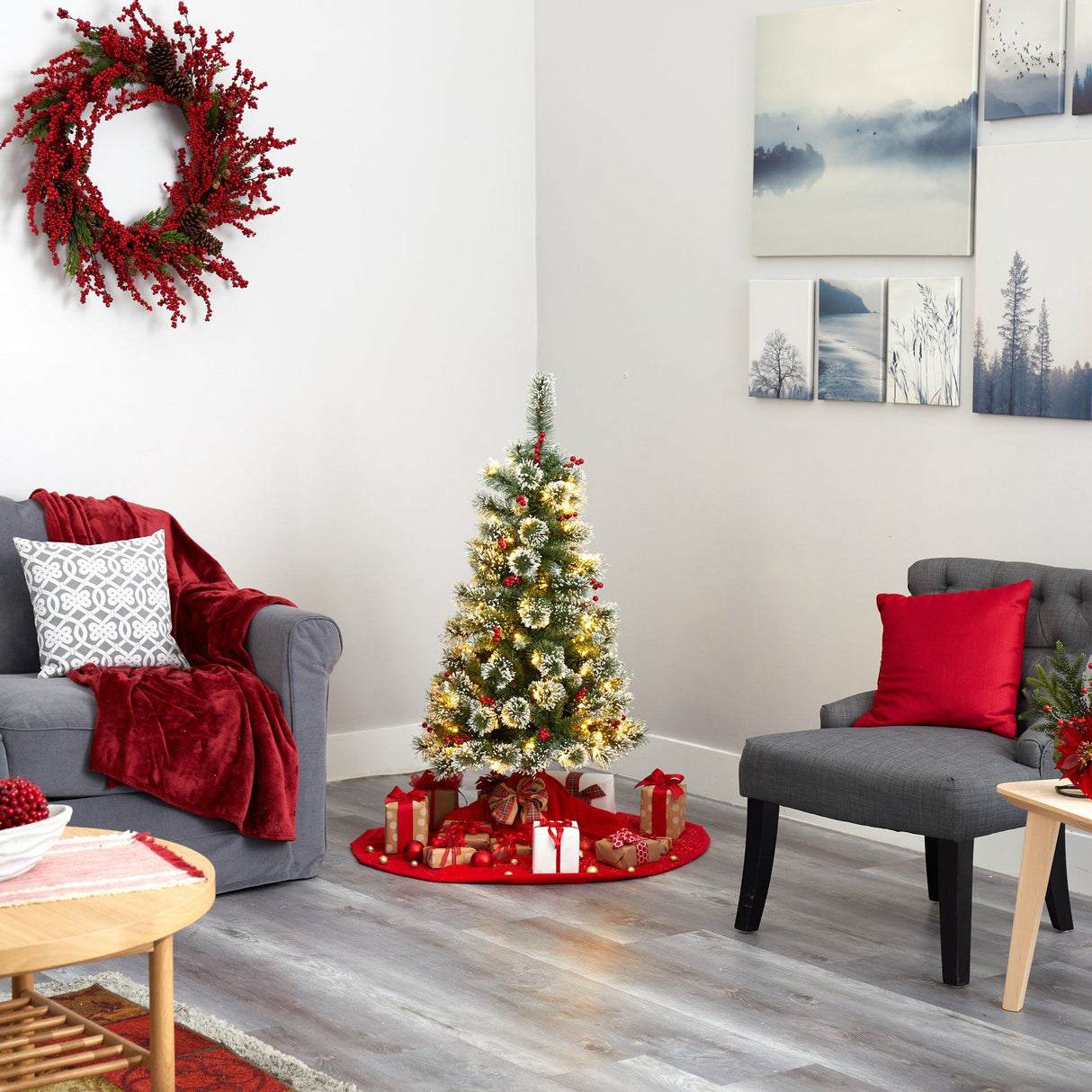 4’ Frosted Swiss Pine Artificial Christmas Tree with 100 Clear LED Lights and Berries-Christmas Tree-Parc Decor