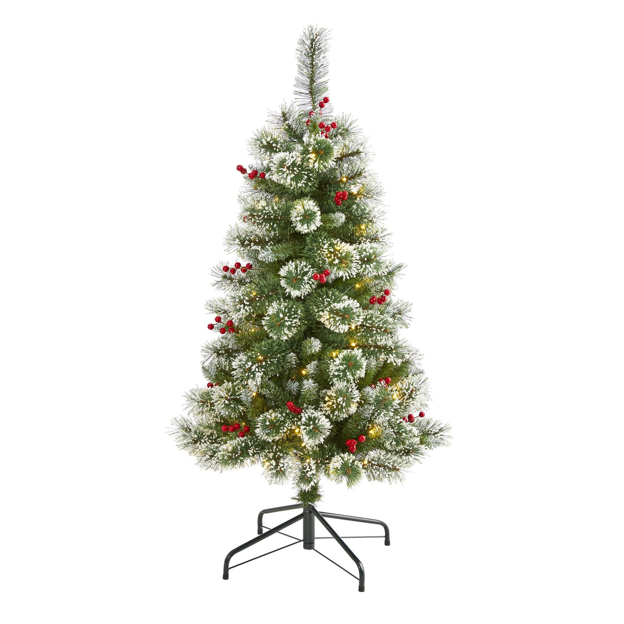4’ Frosted Swiss Pine Artificial Christmas Tree with 100 Clear LED Lights and Berries-Christmas Tree-Parc Decor