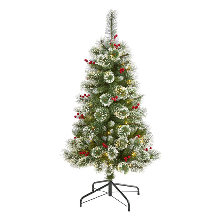 4’ Frosted Swiss Pine Artificial Christmas Tree with 100 Clear LED Lights and Berries-Christmas Tree-Parc Decor