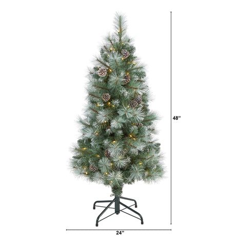 4’ Frosted Tip British Columbia Mountain Pine Artificial Christmas Tree with 100 Clear Lights, Pine Cones and 228 Bendable Branches-Christmas Tree-Parc Decor