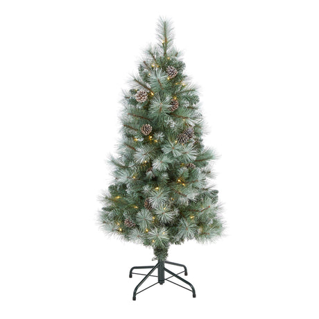 4’ Frosted Tip British Columbia Mountain Pine Artificial Christmas Tree with 100 Clear Lights, Pine Cones and 228 Bendable Branches-Christmas Tree-Parc Decor