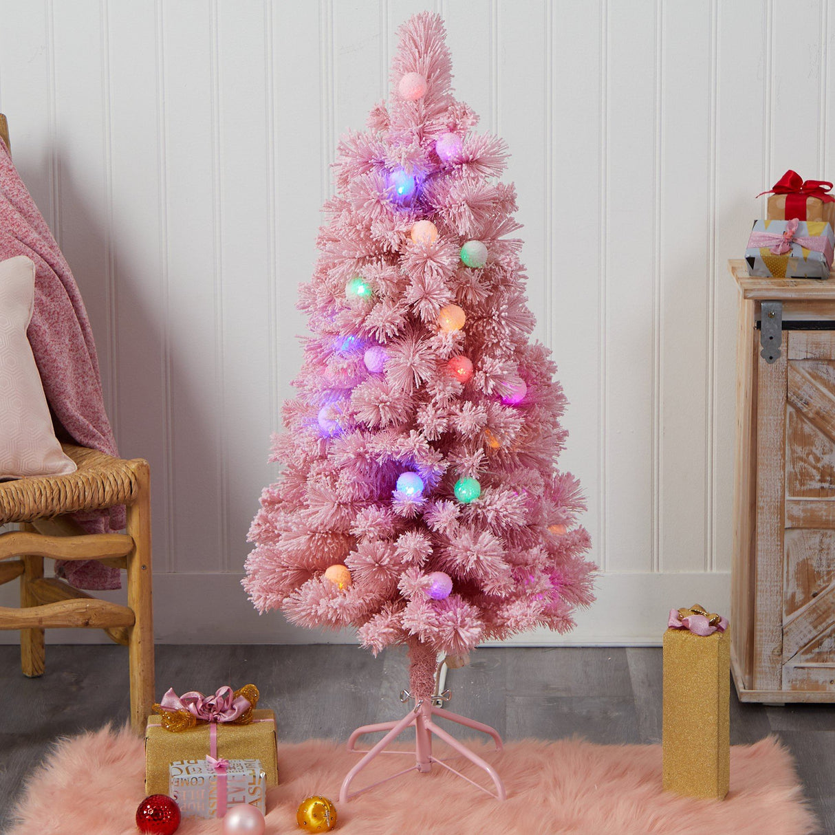 4’ Holiday Frosted Pink Cashmere Christmas Tree with 30 Jumbo Multicolored Globe LED Lights-Christmas Tree-Parc Decor