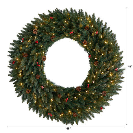 4’ Large Flocked Wreath with Pinecones, Berries, 150 Clear LED Lights and 400 Bendable Branches-Wreath-Parc Decor