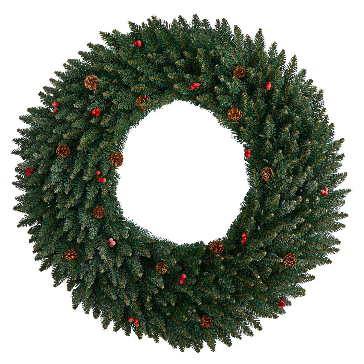 4’ Large Flocked Wreath with Pinecones, Berries, 150 Clear LED Lights and 400 Bendable Branches-Wreath-Parc Decor