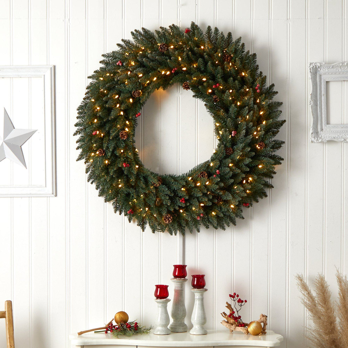 4’ Large Flocked Wreath with Pinecones, Berries, 150 Clear LED Lights and 400 Bendable Branches-Wreath-Parc Decor