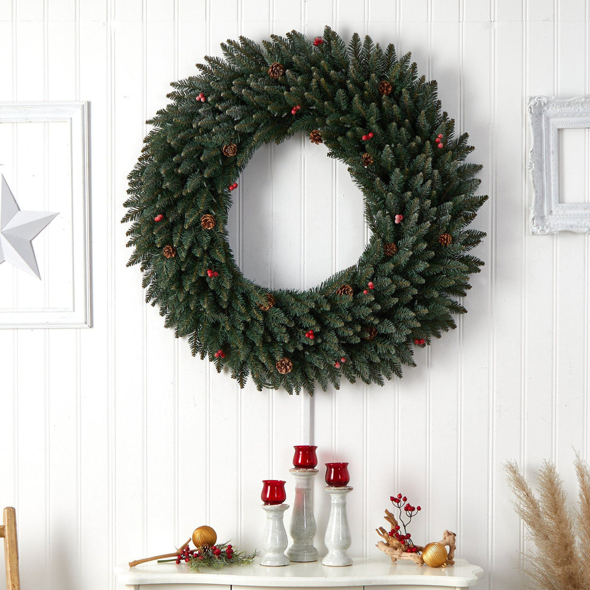 4’ Large Flocked Wreath with Pinecones, Berries, 150 Clear LED Lights and 400 Bendable Branches-Wreath-Parc Decor