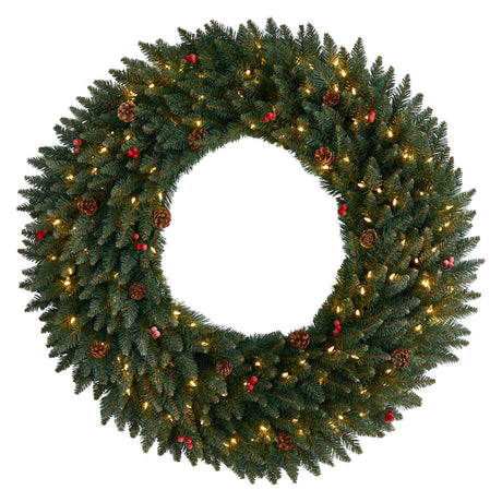 4’ Large Flocked Wreath with Pinecones, Berries, 150 Clear LED Lights and 400 Bendable Branches-Wreath-Parc Decor