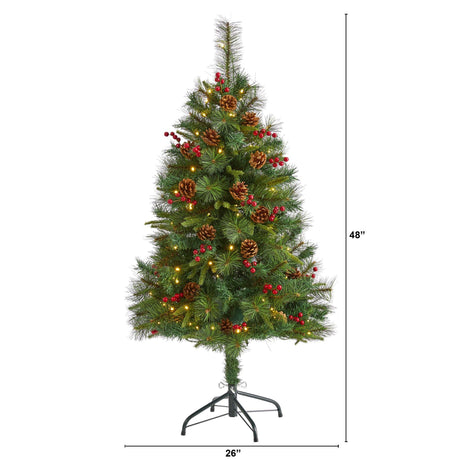 4’ Mixed Pine Artificial Christmas Tree with 100 Clear LED Lights, Pine Cones and Berries-Christmas Tree-Parc Decor