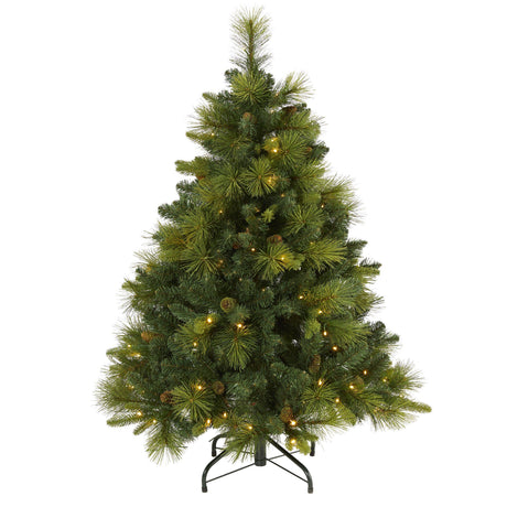 4’ North Carolina Mixed Pine Artificial Christmas Tree with 130 Warm White LED Lights, 459 Bendable Branches and Pinecones-Christmas Tree-Parc Decor