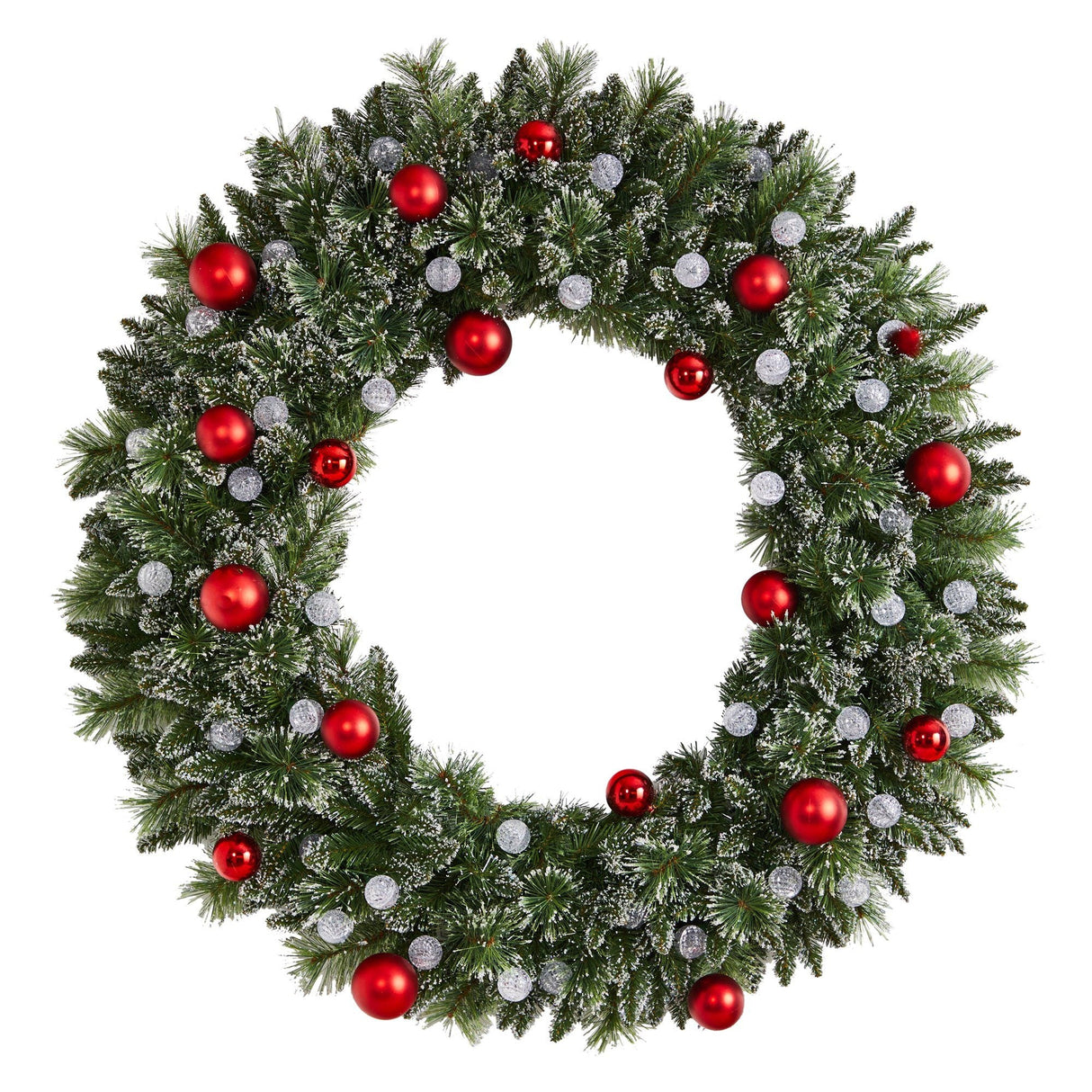 4' Oversized Pre-Lit Frosted Holiday Christmas Wreath with Ornaments and 40 LED Globe Lights-Wreath-Parc Decor