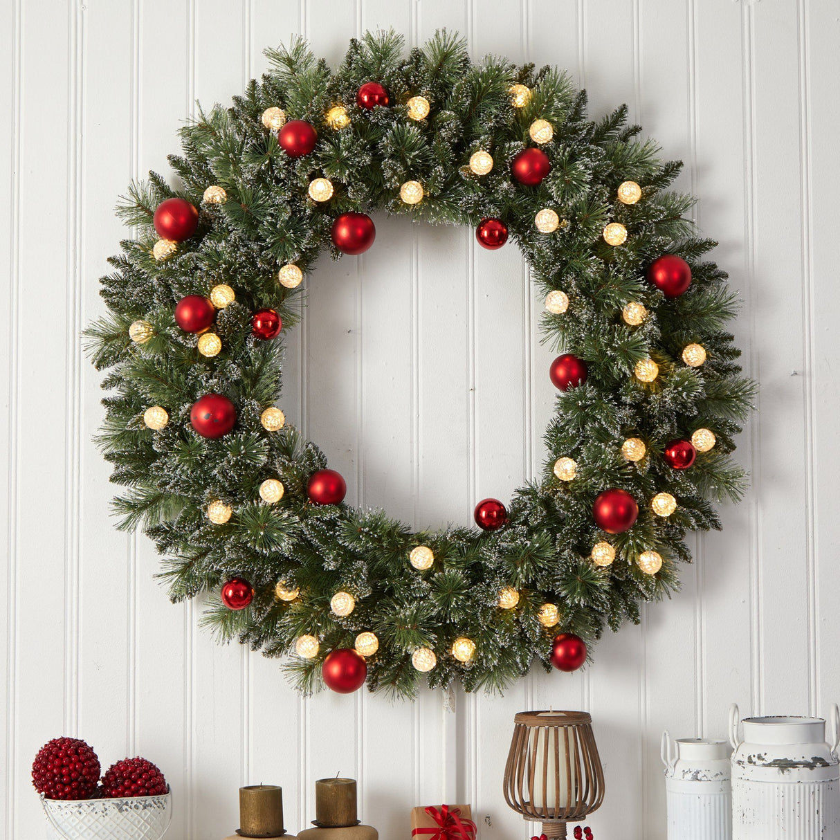 4' Oversized Pre-Lit Frosted Holiday Christmas Wreath with Ornaments and 40 LED Globe Lights-Wreath-Parc Decor