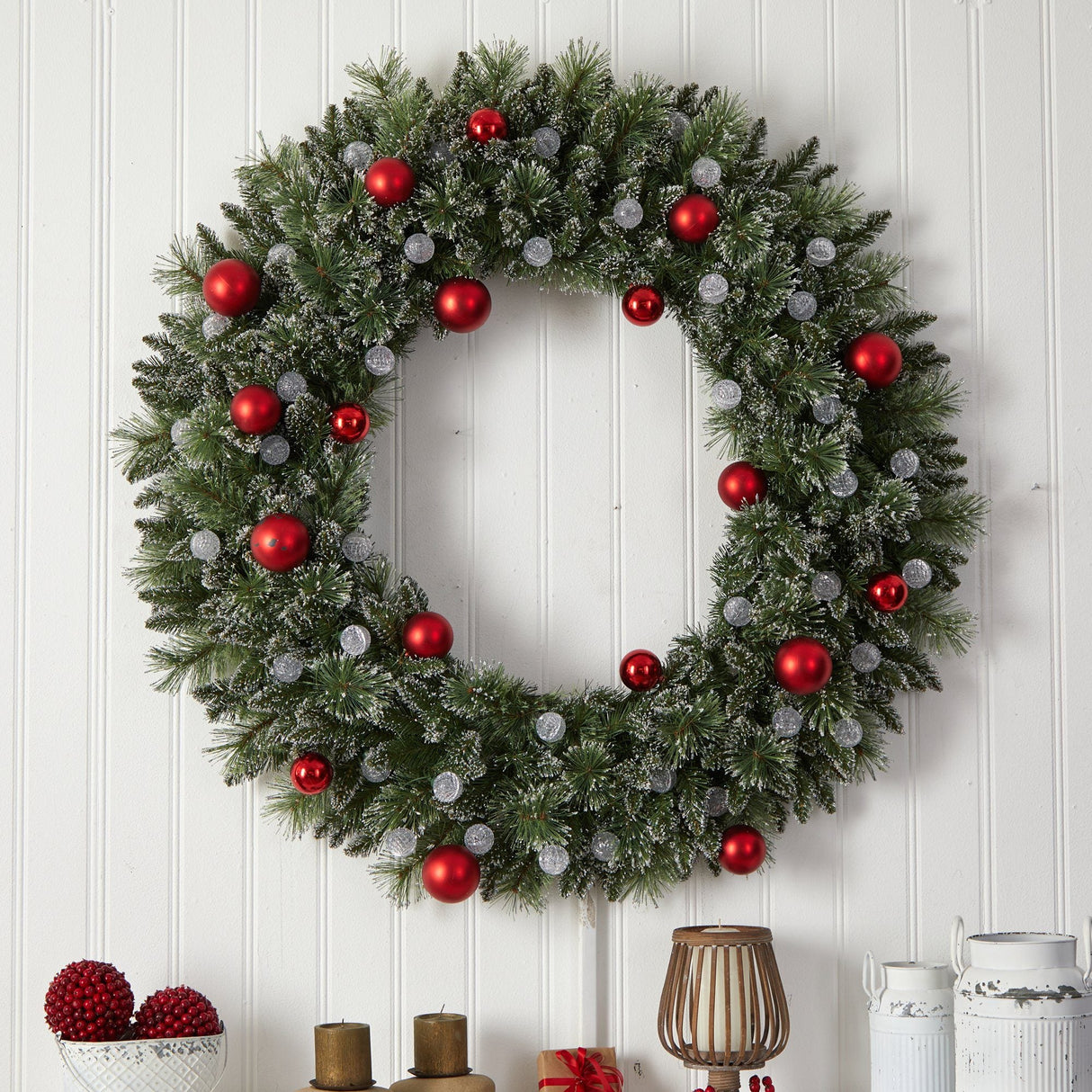 4' Oversized Pre-Lit Frosted Holiday Christmas Wreath with Ornaments and 40 LED Globe Lights-Wreath-Parc Decor