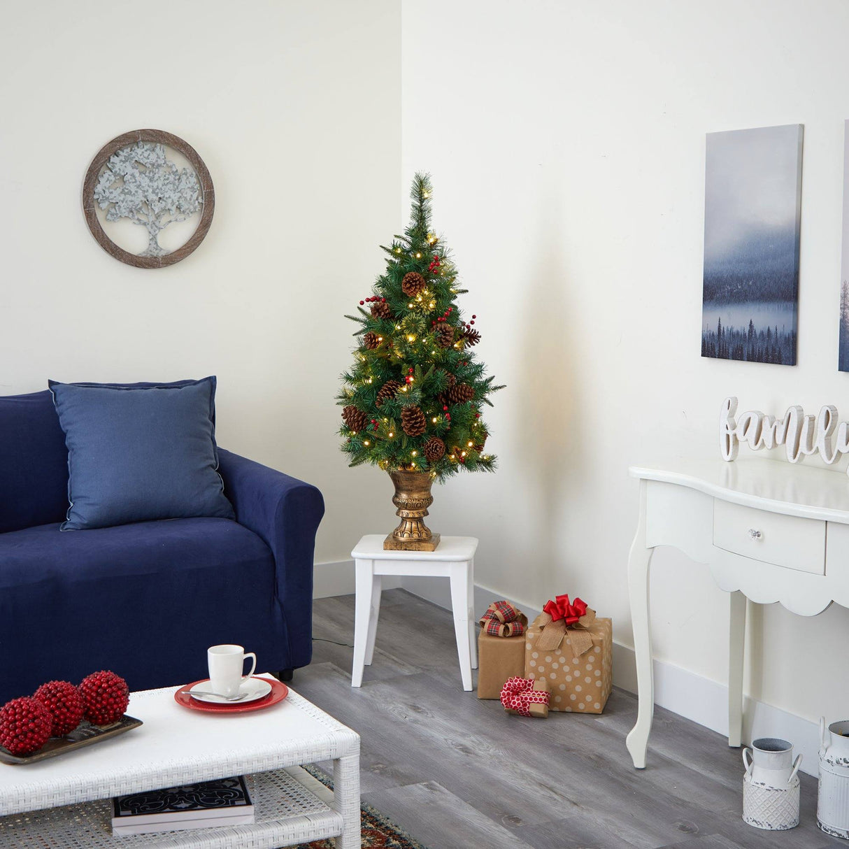 4’ Pine, Pinecone and Berries Artificial Christmas Tree in Decorative Urn-Christmas Tree-Parc Decor