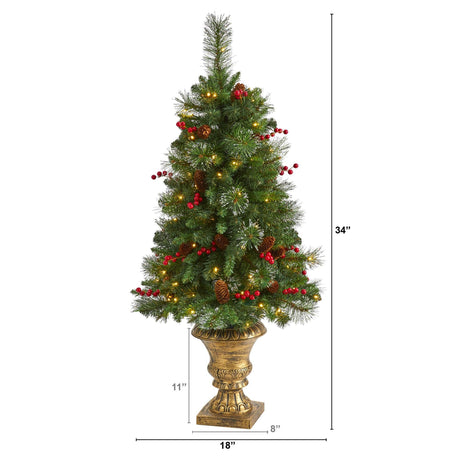 4’ Pine, Pinecone and Berries Artificial Christmas Tree with 100 Clear LED Lights in Decorative Urn-Christmas Tree-Parc Decor